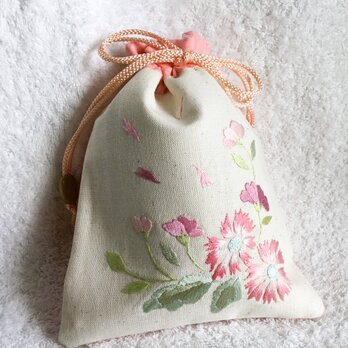 花刺繍の巾着・サーモンピンクの画像