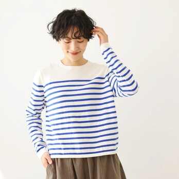 いつでも一緒の頼れるボーダーニット　配色ニット　長袖セーター　ホワイト＊青　240918-1の画像