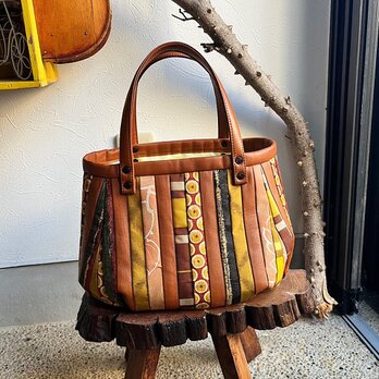 革と古布のパッチワークバッグ（赤茶の革＋着物生地）01016-95