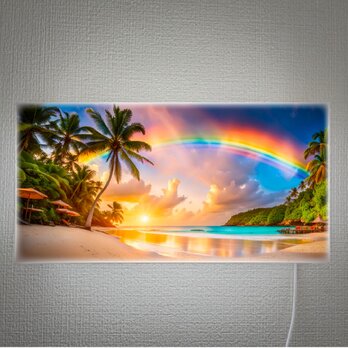 【オーダー無料】ビーチ 海 虹 ヤシの木 砂浜 ドリームビーチ 南国 AI写真 壁掛け 照明 看板 置物 雑貨 ライトBOXの画像