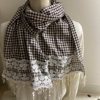 ハンドメイドストール広幅ロングリネン茶チェック刺繍レースフリンジレースのコピーの画像