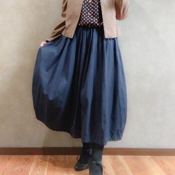 ミモレ丈 スカート ネイビー L / 紺 バルーン ロングスカート ギャザースカートの画像