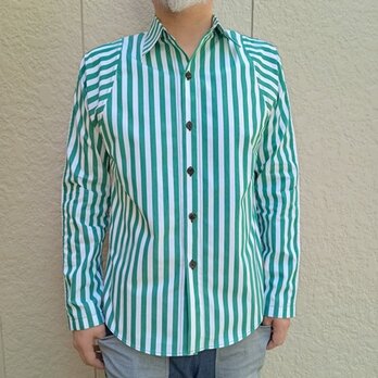 高密度先染めストライプシャツ（グリーン）の画像