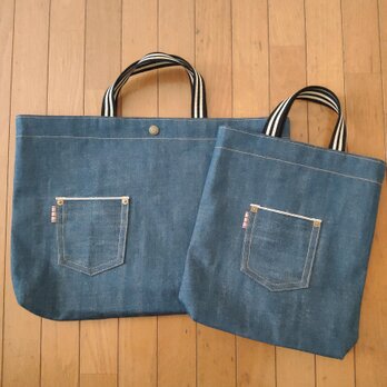 レッスンバッグ＆シューズケース☆Ｌ  2点セット  岡山デニム  ブルー　セルビッチ　赤耳　入学準備の画像
