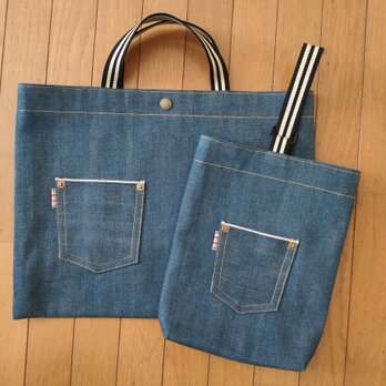 レッスンバッグ＆シューズケース☆ M 2点セット  岡山デニム  ブルー　セルビッチ　赤耳　入学の画像