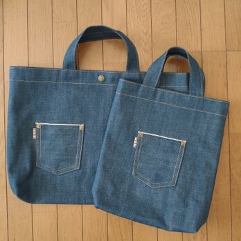 レッスンバッグ＆シューズケース☆Ｌ  2点セット  岡山デニム 持ち手デニム　セルビッチ　赤耳　入学の画像