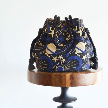 数量限定! プラネットチュール刺繍2wayマリンバッグ　ブルーブラック　月と星の画像