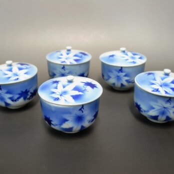 美しい紅葉の紋様　蓋付煎茶茶碗　五客組の画像