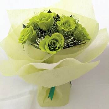 プリザーブドフラワー緑の薔薇9輪とかすみ草の花束の画像