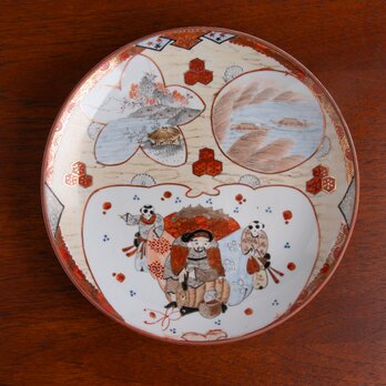 九谷焼 色絵金彩 大黒天 八寸皿 明治時代 E841Bの画像