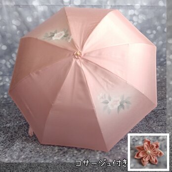 18 ピンク 折りたたみ日傘 ケース＆コサージュ 着物リメイク 訪問着 一点ものの画像