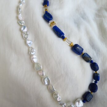 K18・SV  Fresh water pearl・Lapis lazuli・Quartz Necklaceの画像
