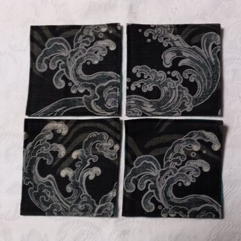 ◆ハンドメイド◆布コースター4枚１セット/荒波ブラック◆の画像