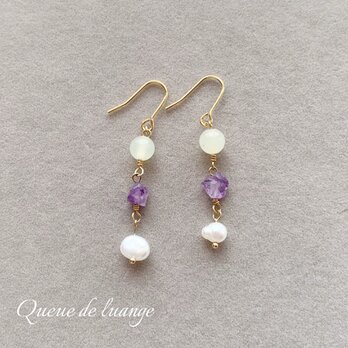 アメジストとニュージェイドのイヤリングorピアス（淡水パール）の画像