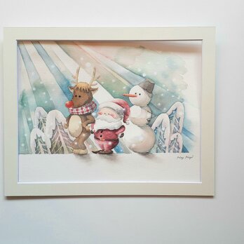 マット紙付き水彩原画『クリスマスの3人』の画像