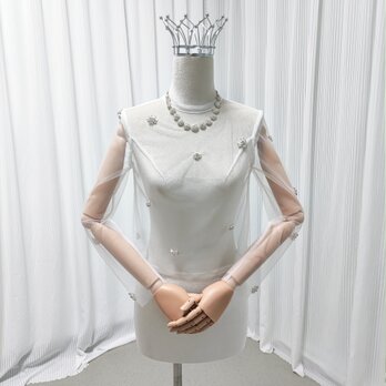 トップス ロングスリーブ ハンドメイド キラキラのハンドビーディング シースルー ウェディングドレスの画像