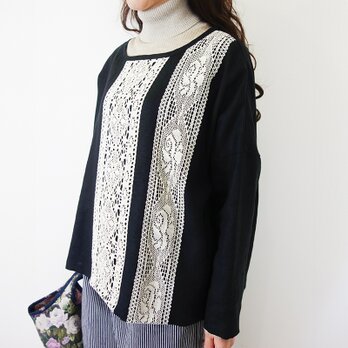 [予約販売] ヨーロッパブラックリネン手編み風レースプルオーバーの画像