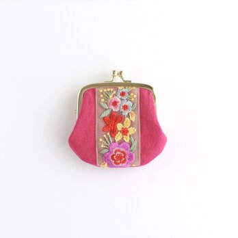 インド刺繍リボンの手のひらがま口ポーチ　ピンク