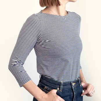 【長袖】【フランス製生地 使用】形にこだわった フレンチボーダー ボートネックTシャツ【カラー・サイズ展開有】の画像