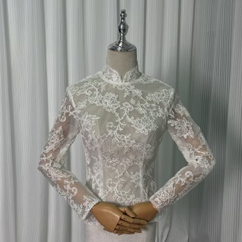 ボレロ ハイネック 長袖 くるみボタン 3D立体レース刺繍 花嫁/ウェディングドレス/結婚式/披露宴の画像