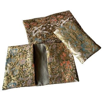 『鳳華繚旋』　金襴織物御朱印帳袋　B6サイズ1冊専用シングルポケット　鳳凰　花　カーキ　御朱印帳ケース　御朱印帳ポーチ　桐生織物の画像