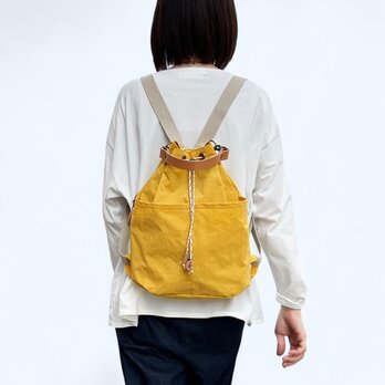 ちょこっとリュック：イエロー（KONBU　撥水加工ナイロン素材　巾着リュック）受注製作の画像
