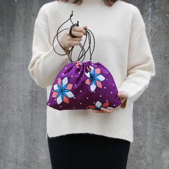 アフリカ布の巾着ショルダー（カンガ）斜めがけ たすき掛け インナーバッグ