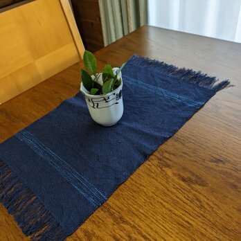 手織ティーマット(淡い藍染め)　綿とリネン、26cm×49cm(房を含む)  30gの画像
