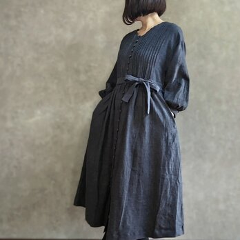 リネン ピンタック ワンピース コート 起毛 ネイビー/ フリーサイズ 羽織りの画像