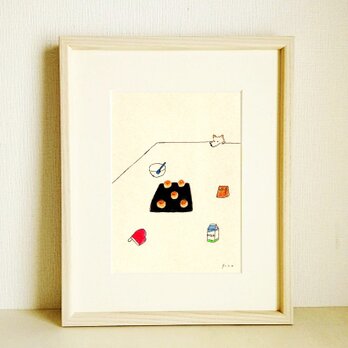 「パンを焼いた日」原画 イラスト 　※木製額縁入り（八つ切りサイズ）犬の絵　インテリアアート