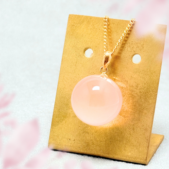 14mm まんまる ローズクォーツ/紅水晶  K18 K18GP 天然石ネックレス - 花雫Mの画像