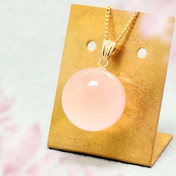 17mm まんまる ローズクォーツ/紅水晶  K18 K18GP 天然石ネックレス - 花雫Lの画像