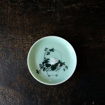 青磁で素敵◆花籠の絵。伊万里　花籠文青磁小皿　骨董・antiques 器　丁寧な暮らしに。明治〜大正時代の画像