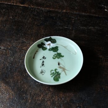 草花と雀と漢字◆青磁で素敵。伊万里　花鳥文青磁小皿　骨董・antiques 器　丁寧な暮らしに。明治時代の画像