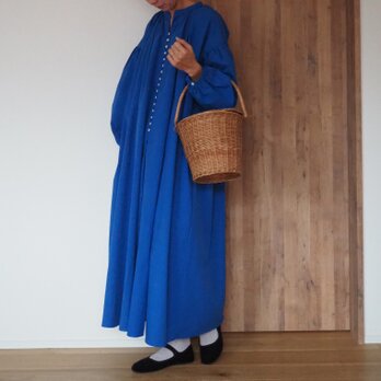 Cotton linen button gather One piece / BLUEの画像
