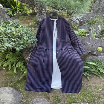 【着物リメイク】バンドカラーのコートワンピース/ギャザー/縞木綿の画像