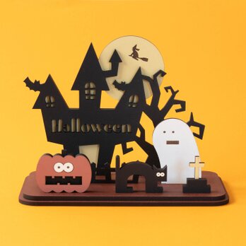 ハロウィンのおきもの　かわいい木製のインテリア雑貨　猫・トリックオアトリート・パンプキン・オバケの画像