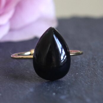 漆黒のしずく ブラックオニキス 一粒フリーリング｜14×10mm｜ゴールド／シルバー — Black drop —