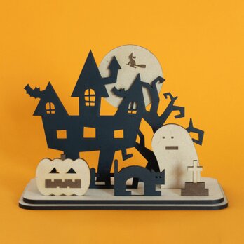 ハロウィンのおきもの　2色構成　かわいい木製のインテリア雑貨　猫・トリックオアトリート・パンプキン・オバケの画像