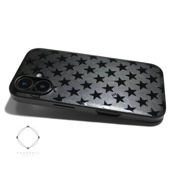 【iPhone16pro/15/14/13/12/12mini/11~】特殊グロス加工レザーケースカバー（スター×ブラック)星柄の画像