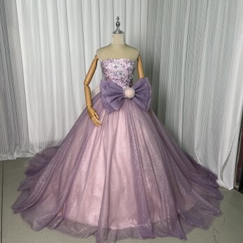 カラードレス パープル ベアトップ 3D立体レース刺繍 編み上げ 豪華なバックリボン キラキラチュール 派手な 花嫁の画像