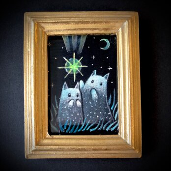 額付絵画作品「ながれ星と猫木霊 」 アート作品 原画 猫 徳島洋子作品の画像