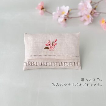 蝦夷の山桜｜手刺繍＆手仕立てのソフトリネンポケットティッシュケースの画像