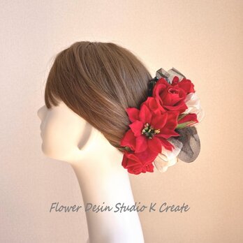 赤い薔薇とポインセチアのヘッドドレス 結婚式　卒業式　成人式　着物　振袖　色打掛　薔薇　ポインセチア　振袖　キラキラ　 赤の画像