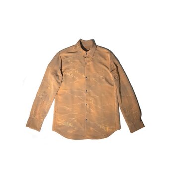 ベージュ、シルクアンティーク着物リメイク、ハイカラーシャツ MOMOZONO originalの画像
