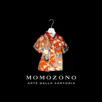 オレンジ、花柄シルク着物リメイク、子供用半袖シャツ(約1才から5才)MZ originalの画像