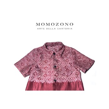 ボルドー色、シルク手絞りアンティーク着物リメイク、子供用半袖シャツ(約1才から4才)MZ originalの画像
