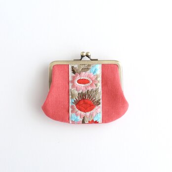インド刺繍リボンのシンプルながま口 　ミニ財布　ポピーレッド
