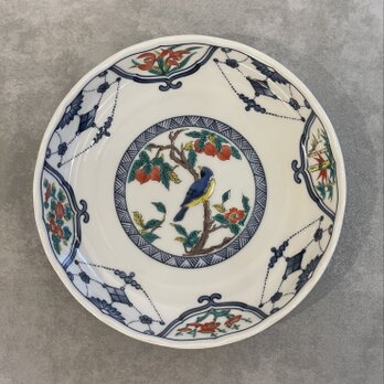 九谷焼　染付瓔珞紋花鳥　6号皿　の画像