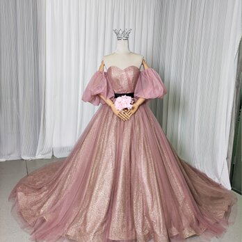 カラードレス ピンク ベアトップ 取り外し袖 サッシュベルト キラキラグリッターチュール Aライン 結婚式の画像